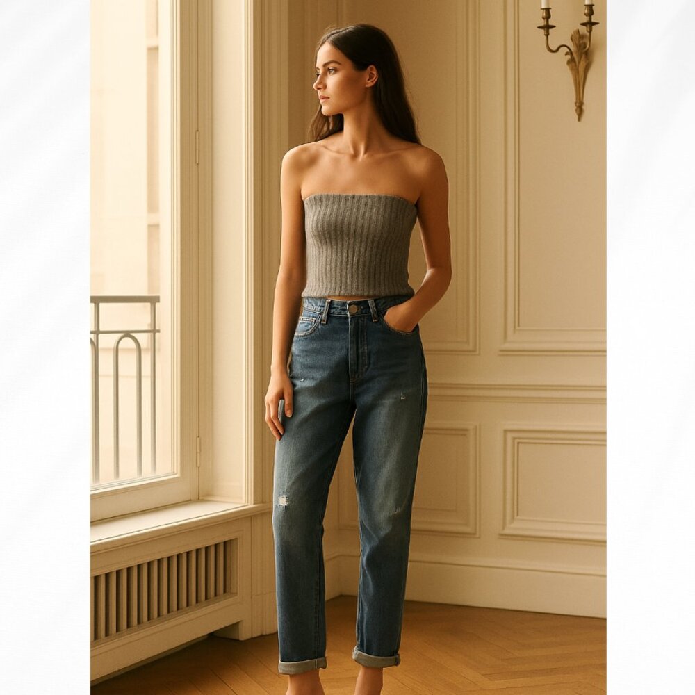 🦋 NEW NWT Zara Gray Crop Top Tube Casual Knitted Ribbed Large Boho Going Out